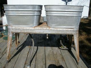 Vintage Galvanized Metal Double Washtub Wash Tub On Stand (2) Available