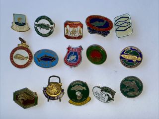 15 Enamel Vintage Fishing Club Badges Australia Victoria