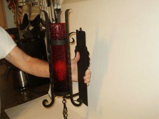 Antique/vintage Spanish Revival Wrought Iron Wall Light Red Crackle Glass 1654