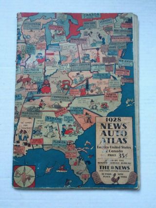 Antique 1928 News Auto Atlas Map Eastern United States & Canada Quebec York