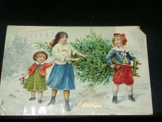 Vintage Christmas Postcard 3 Children Carrying A Tree Germany 1047
