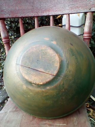 Early Primitive Large Wooden Bowl Old Green Paint Out Of Round