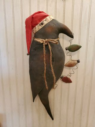 Primitive Grungy Black Crow Christmas Door Greeter Doll & His Light Bulb Garland