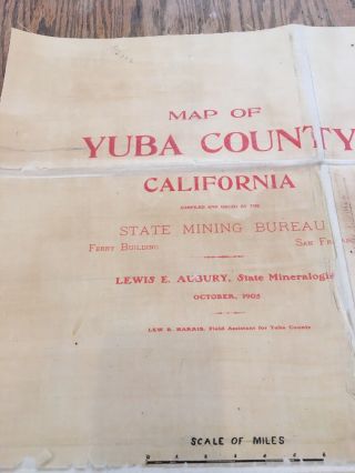 Antique 1905 Gold Rush Mining Mine Yuba Nevada Sierra County Huge Linen Back Map