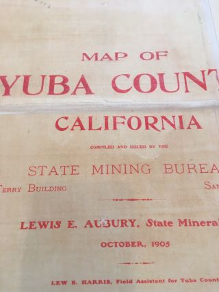 ANTIQUE 1905 GOLD RUSH MINING MINE YUBA NEVADA SIERRA COUNTY HUGE LINEN BACK MAP 2