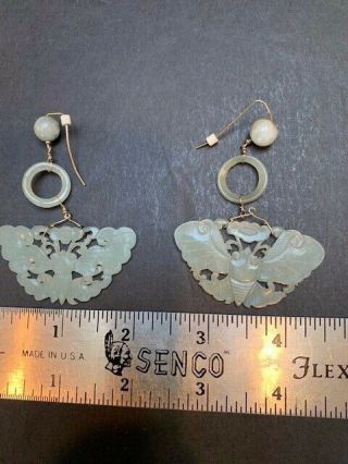 Vintage Carved Green Asian Chinese Jade Moth Butterfly Dangle Earrings 3