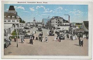 Nantasket Beach,  Ma.  Very Busy Scene On The Boulevard.  Vintage Postcard