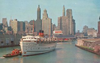 Vintage Postcard Illinois - Chicago River Ss North American - Georgian Bay Line