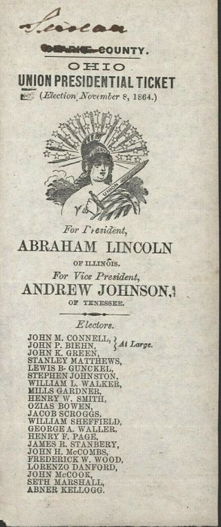1864 Abraham Lincoln Andrew Johnson Ohio Union Presidential Ticket