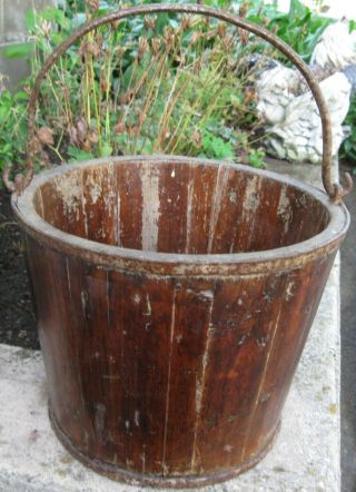 Antique Staved Wooden Well Bucket W/shapely Iron Handle & Heavy Iron Bands