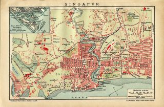 1912 Singapore City Plan Antique Map Dated