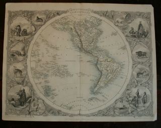 Tallis Map Of The Western Hemisphere Steel Plate Engraving Publ 1852