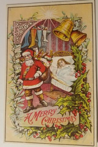 Vintage C1910 Postcard Santa W/pack Leaving And Little Girl Asleep