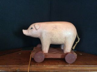 Vintage Wood Pig Pull Toy Hand - Crafted C1980