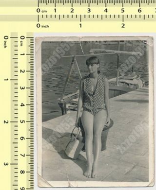 Pretty Leggy Woman On Beach Dock Lady Portrait Vintage Photo Snapshot