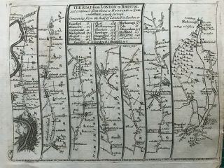 1719 Antique Strip Road Map: London To Bristol & Bath By John Senex