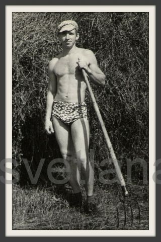 Hay Worker Handsome Shirtless Man Trunks Bulge Muscle Physique Gay Vintage Photo