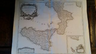 1750 LARGE ANTIQUE COPPERPLATE MAP SICILY ITALY MALTA - ROBERT DE VAUGONDY 2