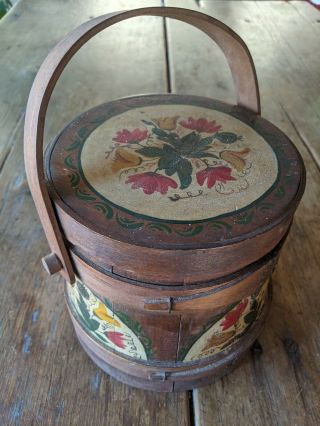 Vintage Hand Painted Wood Firkin Sugar Bucket Primitive Folk Art