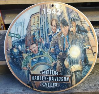 Vintage 1942 Harley Davidson Motor Cycles Porcelain Metal Gasoline Oil Rare Sign