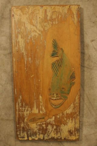 Vintage Ottis Wood Primitive Folk Art Carved Fish Signed On Old Wood Board