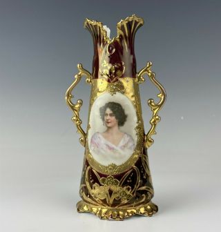Vintage Royal Vienna Austria Lady Portrait Floral Gold Gilt Porcelain Vase Sjs