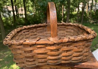 Antique Ash Gathering Handle Basket,  Primitive,  Splint Woven To Market