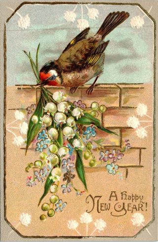 Happy Year,  Bird,  Flowers,  Arts And Crafts,  Vintage - Postcard (t)