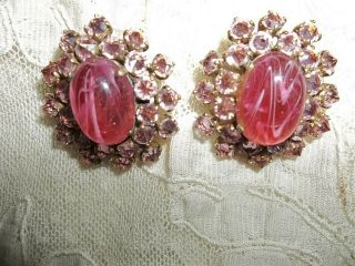 Vintage Gorgeous Schreiner N.  Y Pink Rhinestone Earrings Lge Cabochone Ctr.  Two R