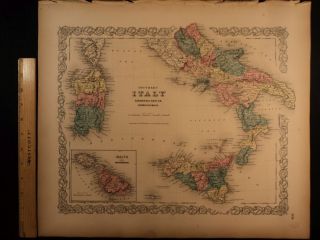 1855 1st Colton Atlas Color Map Italy Sicily Sardinia Malta Naples 14x17in