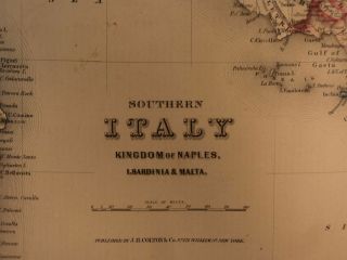 1855 1st COLTON Atlas Color Map ITALY Sicily Sardinia Malta Naples 14x17in 2