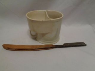 Early Primitive Civil War Era Shaving Mug Dated 1867 & Sheffield Wood Razor Af