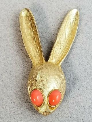 Vintage Hattie Carnegie Signed Bunny Rabbit Head Pin Brooch Gold Tone 2 1/2 "