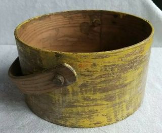 Antique Wooden Oak Bucket With Old Yellow Paint