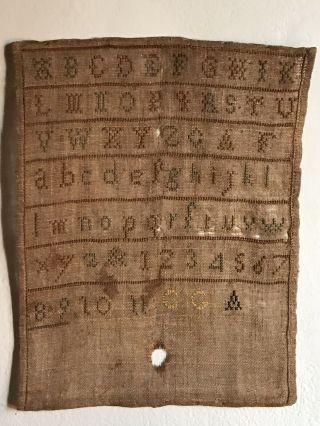 Early Antique Hand Stitched Sampler Needlework Alphabet Aafa Textile Brown