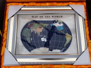 Semi Precious Stones & Mother Of Pearl Map Of The World Picture In Silver Frame