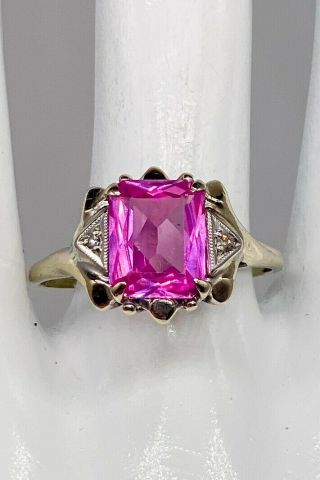 Antique 1940s Retro 4ct Pink Sapphire Diamond 10k White Gold Ring Awesome Color