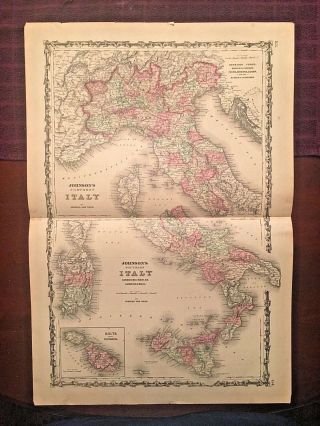 1863 Johnson & Ward Hand Colored Atlas Map Of Italy