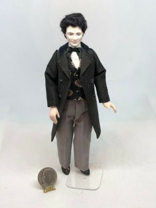 Dollhouse Miniature Vintage Artisan Porcelain Victorian Man Doll Black Hair 1:12 2