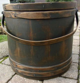 Huge 14 " Antique Firkin/sugar Bucket/wooden Black Paint - Primitive Spice - Shaker