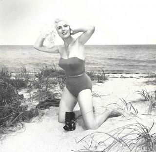 Vintage 1960s Iconic Bunny Yeager Pin - Up Self Portrait Photograph Beach Swimsuit