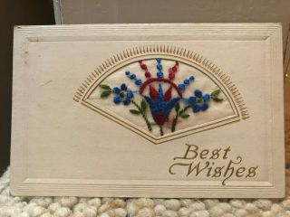 Rare Vintage Postcard Best Wishes With Die - Cut And Embroidered Flowers Ephemera
