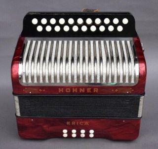 Vintage Red Celluloid Hohner Erica Squeeze Box Accordion In Good Order