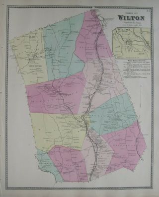 1867 Beers Map Wilton Fairfield County Connecticut Danbury & Norwalk Rr