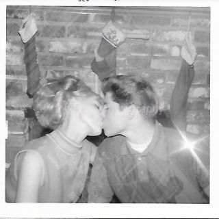 Magic Moment Christmas Kiss Vintage Found Photo Bw Snapshot 08 20 F