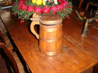 An Early,  American Colonial Period,  Hand Coopered Tavern Flagon,  Mug,  Chestnut W