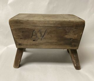 Antique Primitive Wood Square Nail Milking Stool Or Small Bench Stamped Initials