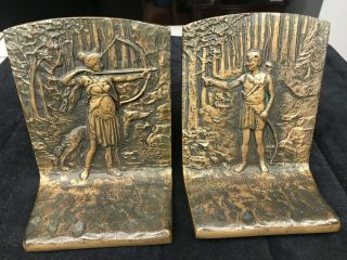 Vintage Antique Pair Cast Bronze Man And Woman Archer Bookends
