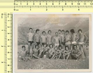 Beach Group Shirtless Men Guys Trunks Bulge Males Women Vintage Photo