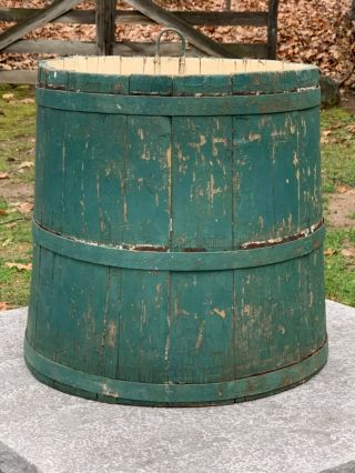 Antique Large Staved Sap Bucket Wood Wooden Old Green Paint Primitive Aafa